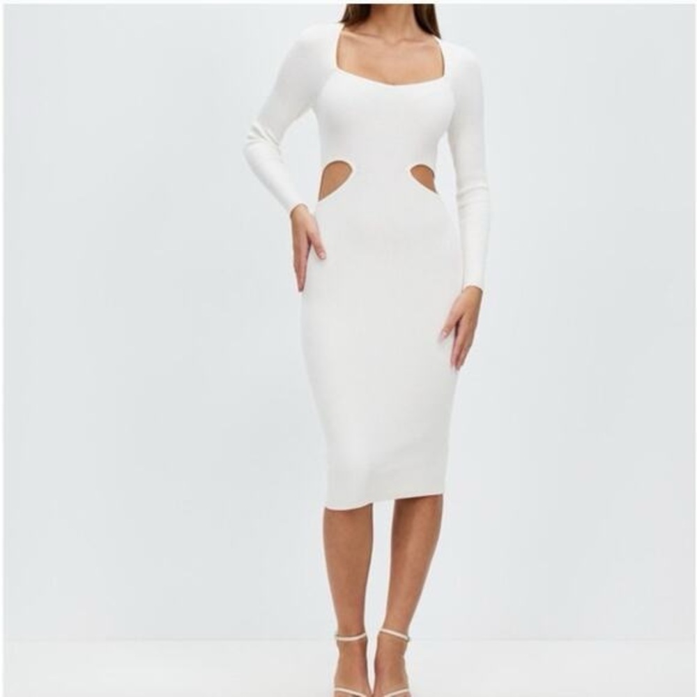 Abercrombie & Fitch Long Sleeve White Ribbed Cutout Midi Dress